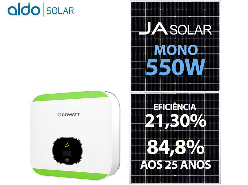 GERADOR DE ENERGIA SOLAR GROWATT SEM ESTRUTURA ALDO SOLAR ON GRID GF 5,5KWP JA DEEP BLUE MONO 550W MIN 5KW 2MPPT MONO 220V GF 5,5KWP JA DEEP BLUE MONO 550W MIN 5KW 2MPPT MONO 220V 0