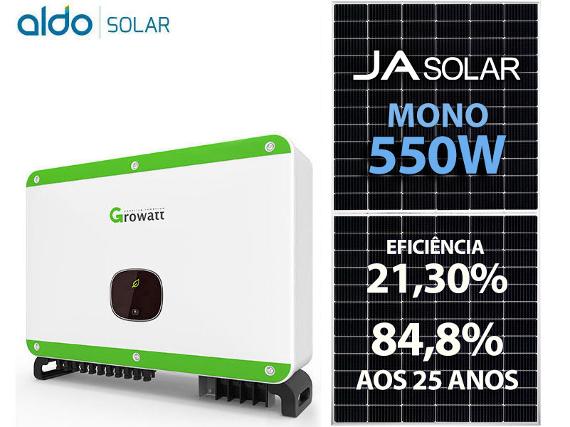 GERADOR DE ENERGIA SOLAR GROWATT SEM ESTRUTURA ALDO SOLAR ON GRID GF 55KWP JA DEEP BLUE MONO 550W MAC 50KW 3MPPT TRIF 380V GF 55KWP JA DEEP BLUE MONO 550W MAC 50KW 3MPPT TRIF 380V 0