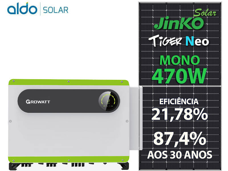 GERADOR DE ENERGIA SOLAR GROWATT SEM ESTRUTURA ALDO SOLAR ON GRID GF 188KWP JINKO TIGER NEO MONO 470W MAX 75KW 8MPPT TRIF 220V GF 188KWP JINKO TIGER NEO MONO 470W MAX 75KW 8MPPT TRIF 220V 0