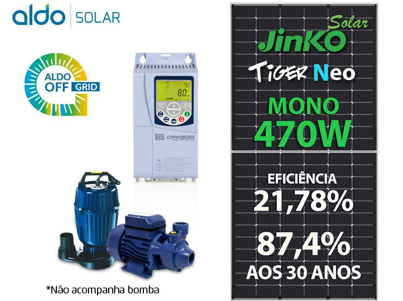 GERADOR DE ENERGIA SOLAR DRIVE PARA MOTOBOMBA SEM ESTRUTURA ALDO SOLAR OFF GRID GEB 18,8KWP JINKO TIGER NEO MONO 470W DRIVE CFW500 TRIFASICO 220V 10CV GEB 18,8KWP JINKO TIGER NEO MONO 470W DRIVE CFW500 TRIFASICO 220V 10CV 0