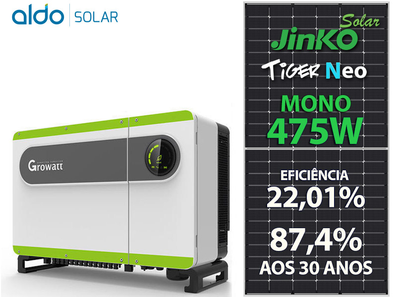 GERADOR DE ENERGIA SOLAR GROWATT ROSCA DUPLA METAL ROMAGNOLE ALDO SOLAR ON GRID GF 71,25KWP JINKO TIGER NEO MONO 475W MAX 75KW 7MPPT TRIF 380V GF 71,25KWP JINKO TIGER NEO MONO 475W MAX 75KW 7MPPT TRIF 380V 0