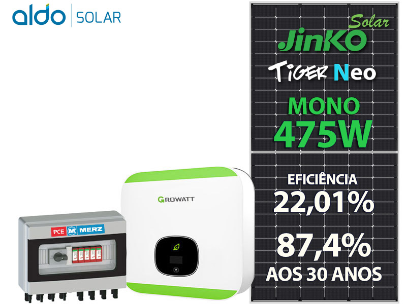 GERADOR DE ENERGIA SOLAR GROWATT ROSCA DUPLA MADEIRA ROMAGNOLE ALDO SOLAR ON GRID GF 3,325KWP JINKO TIGER NEO MONO 475W MIN 5KW 2MPPT MONO 220V GF 3,325KWP JINKO TIGER NEO MONO 475W MIN 5KW 2MPPT MONO 220V 0