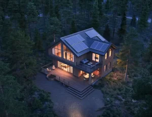 Casa moderna em meio a floresta ao entardecer, com painéis solares no telhado e iluminação interna, destacando arquitetura sustentável e energia fotovoltaica em ambiente natural.