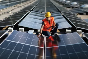 Técnico de energia solar com capacete e colete laranja inspecionando painéis fotovoltaicos em usina, em meio a fileiras de placas conectadas.